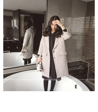 冬装新款2015韩版宽松七分袖长款夹棉毛呢外套大衣女W390