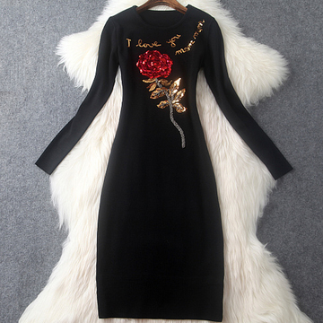2015女冬季针织中长款包臀铅笔裙长袖修身打底裙钉珠玫瑰花连衣裙