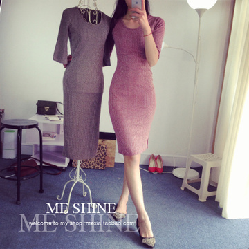 MeShine独家 韩国2016秋装新款紧身包臀修身针织连衣裙长款打底衫