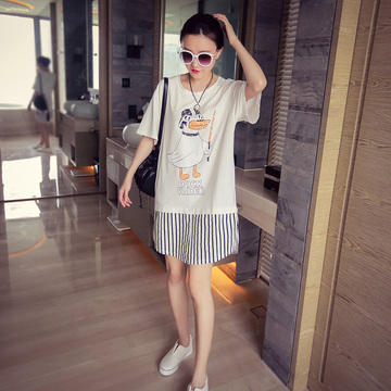 2015夏季新款女韩版中长款拼接假两件条纹鸭子图案短袖卡通T恤女