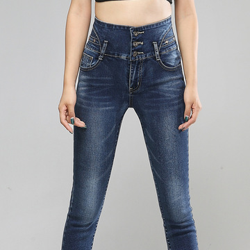 自创品牌牛仔裤女式 2015秋季新款高腰排扣小脚铅笔裤牛仔长裤女
