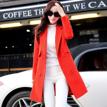 2015秋冬时尚新款韩版女装毛呢大衣外套中长款大翻领修身显瘦外套