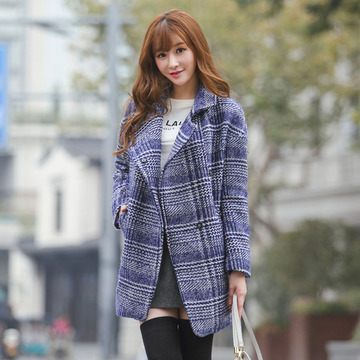 2015冬季韩版新款时尚休闲潮羊毛呢翻领格子中长女装风衣包邮
