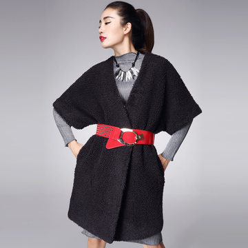 2015欧美冬季新款女外套羊羔毛中长外套送腰带保暖