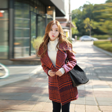 2015冬季新款女呢子大衣 韩版通勒型翻领条纹羊毛呢大衣厚中长款