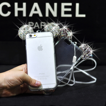 米奇耳朵iphone6 plus手机壳镶钻水晶苹果6硅胶套带挂绳5s保护壳