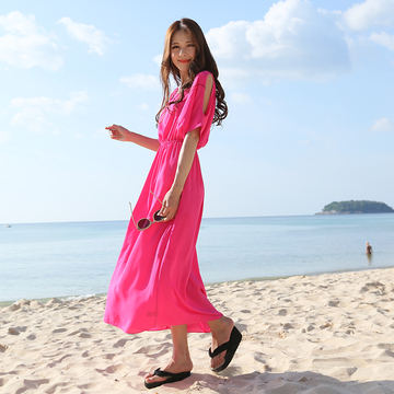 佑游2015夏季新款素色波西米亚风格圆领高级雪纺沙滩度假女长裙
