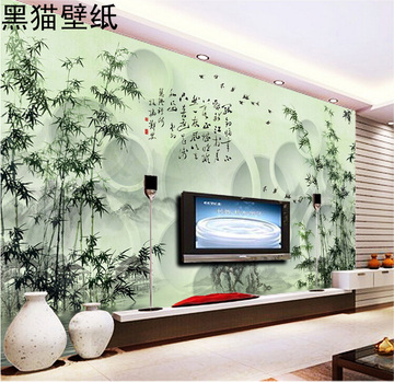现代中式客厅电视背景墙壁纸、卧室壁画无纺布、水墨竹圆圈墙纸