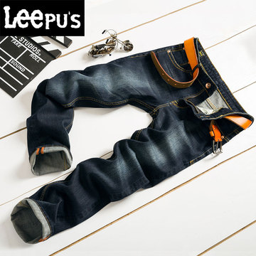 LEEPU'S黑色冬季牛仔裤男中腰直筒修身小脚秋冬款男士牛仔裤加厚