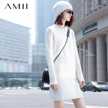 Amii2015冬季修身常规款套头中长款主义羊毛混纺罗纹毛衣11581894
