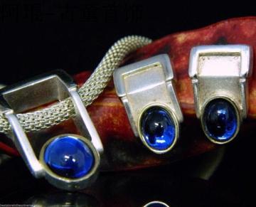 西洋 925纯银蓝色宝石项链吊坠耳钉套装 西洋古董首饰 包金银标