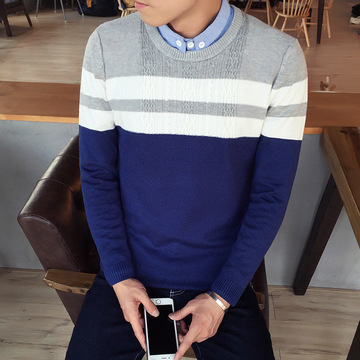 歌米诺 2016秋冬新款韩版青年圆领条纹拼色毛衣时尚潮流男装