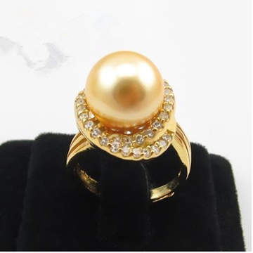 天然海洋贝母珍珠 可调节尺寸 金色正圆925银戒指 送女朋友包邮