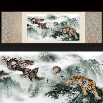 龙虎斗丝绸卷轴挂画国画2015年画双十一特款尺寸可定制
