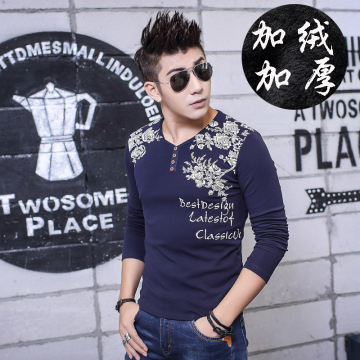 2015秋冬新款加绒加厚保暖打底衫 男士长袖T恤V领修身印花韩版