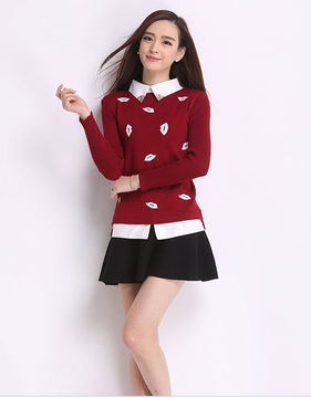 2015春装新韩版拼接蕾丝花边领修身显瘦套头针织衫长袖打底衫女
