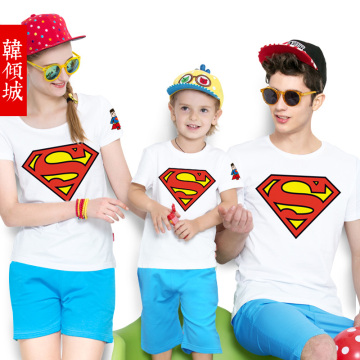 超人创意印花三口亲子装夏装2016新款圆领短袖t恤母女童装全家装