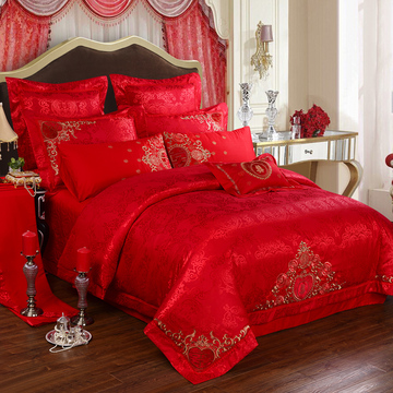 婚庆四件套大红1.8m床被套结婚床上用品喜庆纯棉四件套床单刺绣春