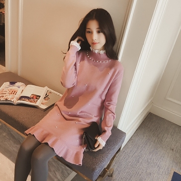 旗普2015冬季新款韩版甜美蕾丝拼接钉珠中长针织套头毛衣保暖女
