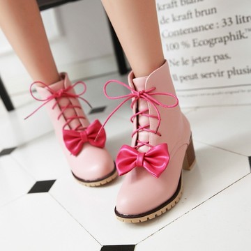 大码40-43女靴子短筒靴中跟粗跟马丁靴甜美蝴蝶结女童靴学生 粉色