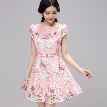 2015夏季新款女装韩版大码欧根纱蕾丝公主裙修身雪纺短袖女连衣裙