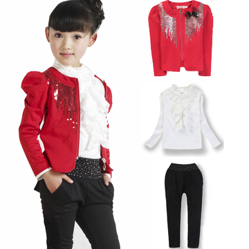 童装 2014新款春秋装儿童长袖女童套装 韩版小西装外套三件套