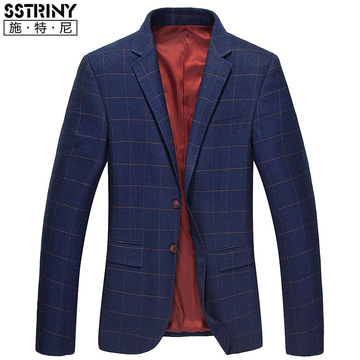 施特尼2015秋季新款男士格子休闲西服 韩版修身单西外套男西装