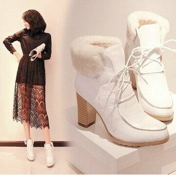 2014最新爆款——时尚韩版头层牛皮羊羔绒系带高跟粗跟女短靴