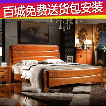 中式全实木床橡木床白色1.8米1.5双人床婚床高箱储物床雕花家具