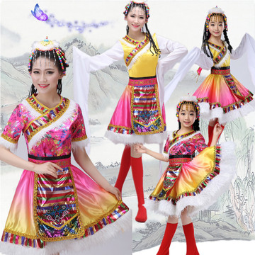 儿童藏族舞蹈服装水袖女少数民族舞蹈服藏袍水袖演出服成人蒙古服