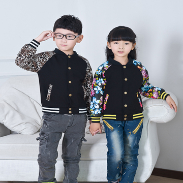 童装秋款棒球服2015新款韩版男女夹克外套PU皮袖印花卫衣外套