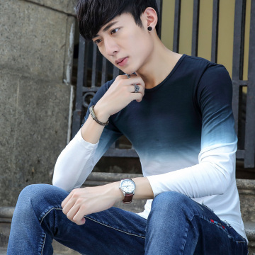 秋季韩版男士长袖t恤潮青年休闲圆领套头打底衫T恤纯棉学生修身帅