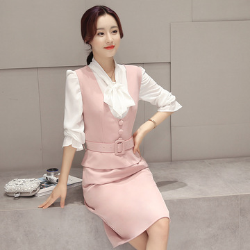 2016秋季新款韩版两件套修身职业包臀裙背心衬衫长袖束腰连衣裙女