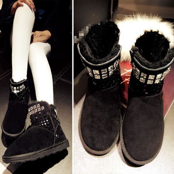 2015冬季新款真皮羊皮毛一体雪地靴女平底短靴水钻加厚加绒棉靴子