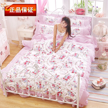 韩版公主风蕾丝床裙磨毛四件套纯棉简约1.8m全棉床单被套床上用品
