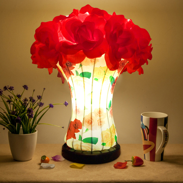 婚庆台灯卧室床头红色玫瑰创意LED宜家台灯遥控调光结婚礼品台灯