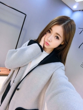 韩版2015秋新款女装连帽毛绒口袋宽松学生针织开衫中长款毛衣外套