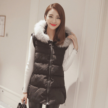 2015韩版秋冬棉衣马甲女修身中长款无袖连帽背心马甲拉链外套加厚
