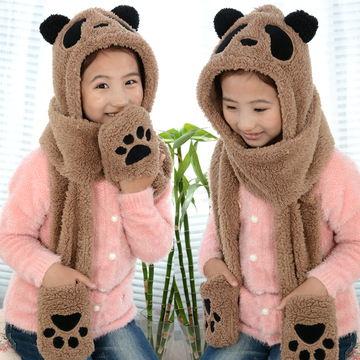 韩国秋冬季儿童可爱卡通熊猫连帽围巾加厚保暖帽子手套一体围巾