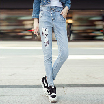 2016春季新款韩版女装牛仔裤 修身卡通印花松紧腰小脚哈伦裤