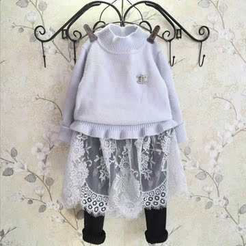 韩国童装女童蕾丝拼接针织毛衣2015秋冬新款儿童宝宝假两件连衣裙