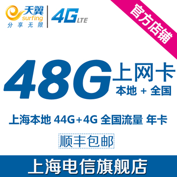 上海电信4G上网卡 48g流量卡含全国漫游4G流量包年卡 天翼资费卡