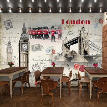 英伦风无缝大型壁画埃菲尔铁塔欧式无纺布墙纸客厅卧室咖啡厅壁纸