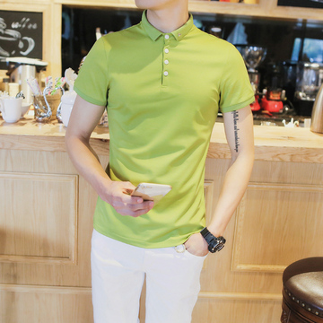 现货韩国代购2016夏季英伦男士修身纯色纯棉果绿色短袖POLO衫T恤