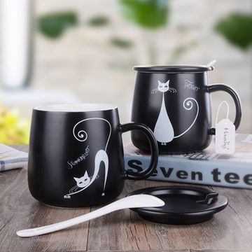 创意陶瓷杯茶杯简约杯子猫咪马克杯个性情侣杯咖啡杯水杯带盖带勺