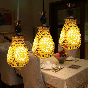 LED吊灯陶瓷彩绘餐厅灯镂空饭厅灯三头餐吊灯现代简约中式吧台灯