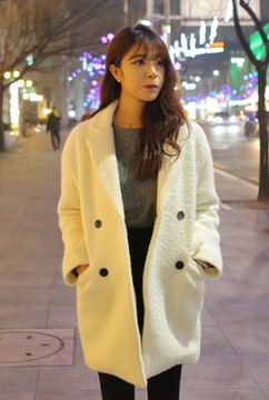 秋冬款 韩版保暖修身双排扣白色修身羊绒羊毛呢大衣呢子外套女装
