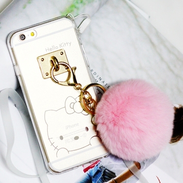 韩国最新款iPhone6獭兔毛球手机壳苹果4.7寸保护套kt猫挂绳透明壳