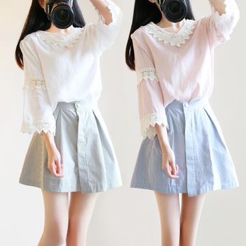 【天天特价】2016初秋季韩版长袖T恤+条纹半身短裙时尚套装两件套