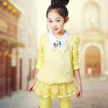 童装女童秋装套装韩版长袖两件套儿童蕾丝裤裙2015纯棉休闲新款